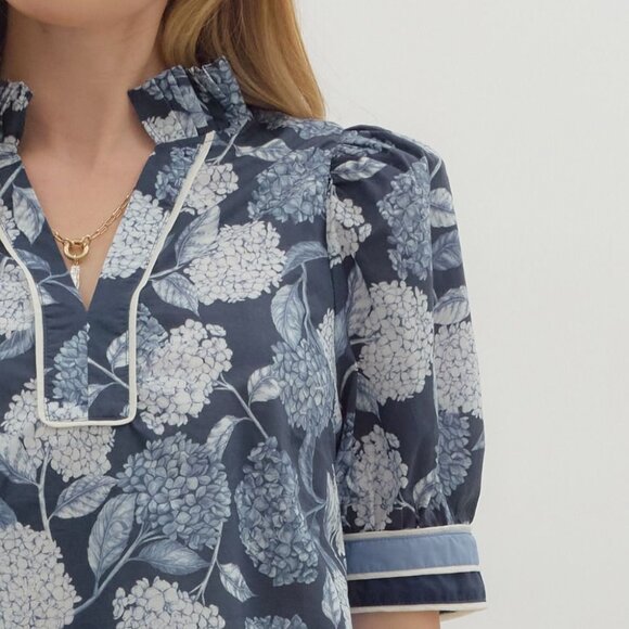 Women's Blue Floral Hydrangea Puff Sleeve Top Entro Size Large NWT - Picture 3 of 7